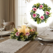 Guirlanda artificial de rosas cor-de-rosa com folhas verdes, 35 cm de altura.