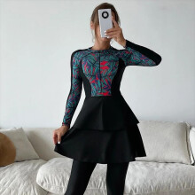 (red, XXL) Women's Conservative Swimwear 3-Piece Set Long Sleeve Sun Protection Swimsuit Printed Hijab Top and Long Pants