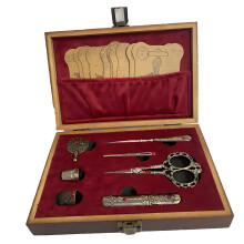 Antique Wooden Sewing Box Set With Metal Sewing Tool For-Red