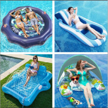 (blue) Inflatable Floating Lounge Chair with Sunshade - Glow-in-the-Dark Outdoor Tanning Pool, Water Slide Toy for Sunbathing & Splashing