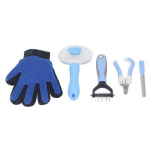 Pet Grooming Comb Kit with Knotting Comb Nail Clipper Flea Comb Glove Dog Grooming Brush Shedding Kit Blue