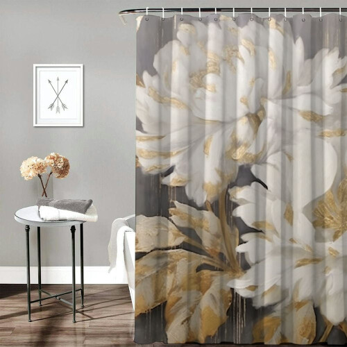Cortina de chuveiro com flores brancas e folhas douradas, 175 x 183 cm (69 x 72 polegadas) 1