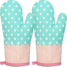 1 Pair Kitchen Oven Gloves, Heat Resistant Gauntlet Gloves, with Soft Cotton Lining, for Kitchen Cooking (Blue wave point)
