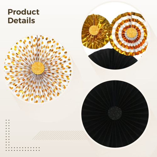Conjunto de 8 leques de papel preto e dourado 2