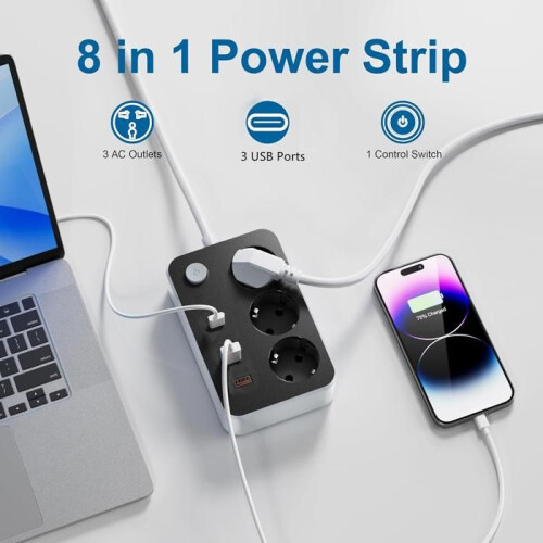 Πολύπριζο USB για προστασία από υπερτάσεις, 3 πρίζες + 3 θύρες USB, καλώδιο 1,5 μέτρων 2