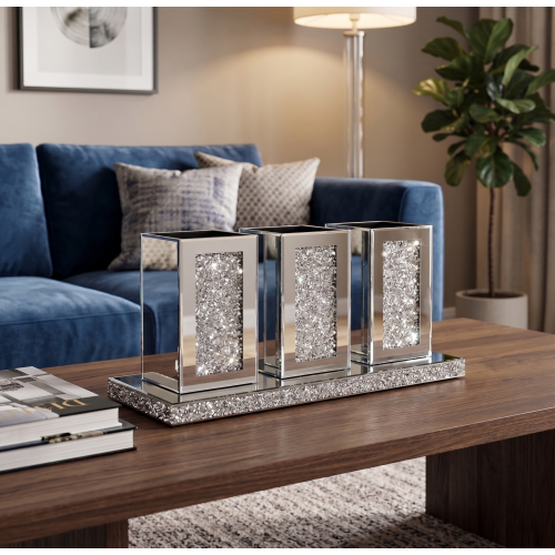 3 Crystal Diamond Jar Mirrored Tray Holder 32x13Cm