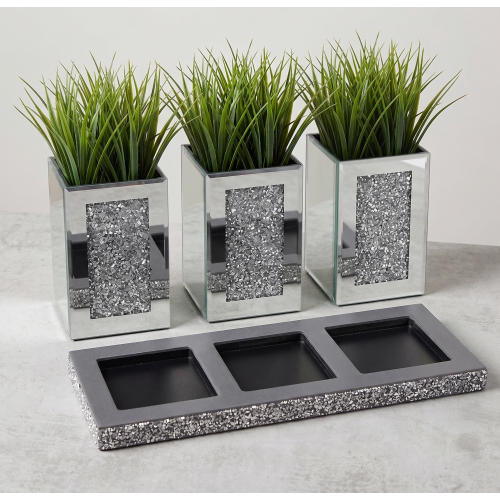 3 Crystal Diamond Jar Mirrored Tray Holder 32x13Cm 2