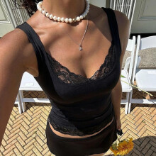 (white, S) Women's Solid Lace Trim Crop Top Sexy Casual Summer Blouse Y2K Streetwear