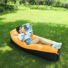 (Patterned orange, 220*70cm) Portable Inflatable Air Sofa with Patterned Pillow Outdoor Lounge Bed Foldable Blow Up Couch for Camping Relaxation