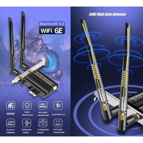 Placa WiFi 6E - OTBACT - PCIe - 5400 Mbps - Bluetooth 5.2 - Tri-Bands 6/5/2.4 GHz 1
