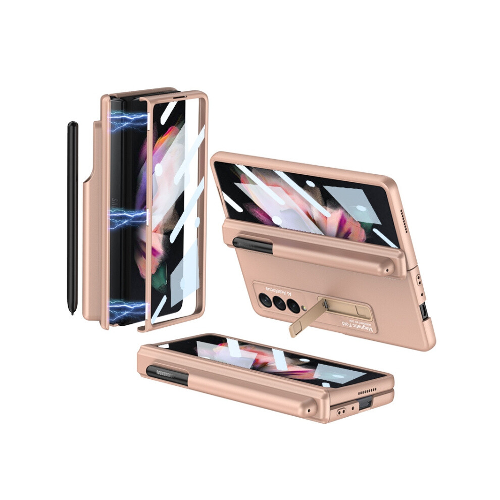 Compatible Gift Samsung Galaxy Z Fold3 5G Gkk Full Coverage Magnetic Fold Hinge Shockproof Phone Case With Pen Slots(Gold): Gold 4984195314004