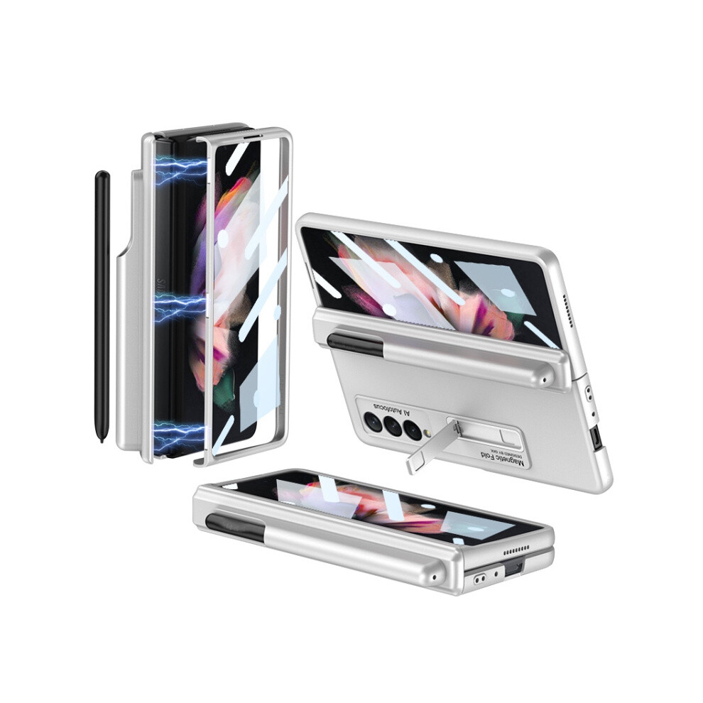 Gkk Magnetic Folding Full Coverage Phone Case With Pen Slot Compatible Gift Samsung Galaxy Z Fold3 5G (White): White 4984195314035