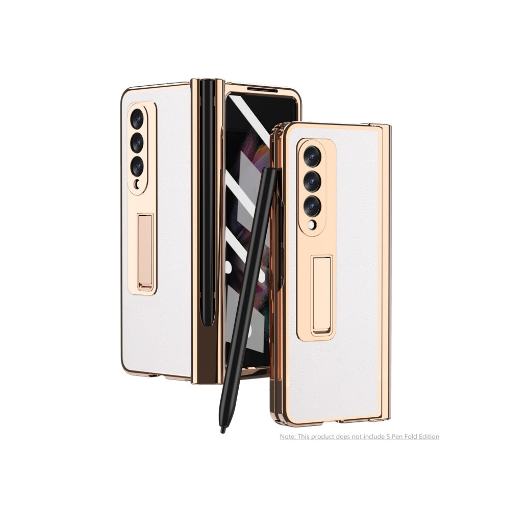 Compatible Gift Samsung Galaxy Z Fold3 Lychee Texture Case With Integrated Electroplated Hinge And Pen Slot (White):For Samsung Galaxy Z Fold3 White 8235414201138