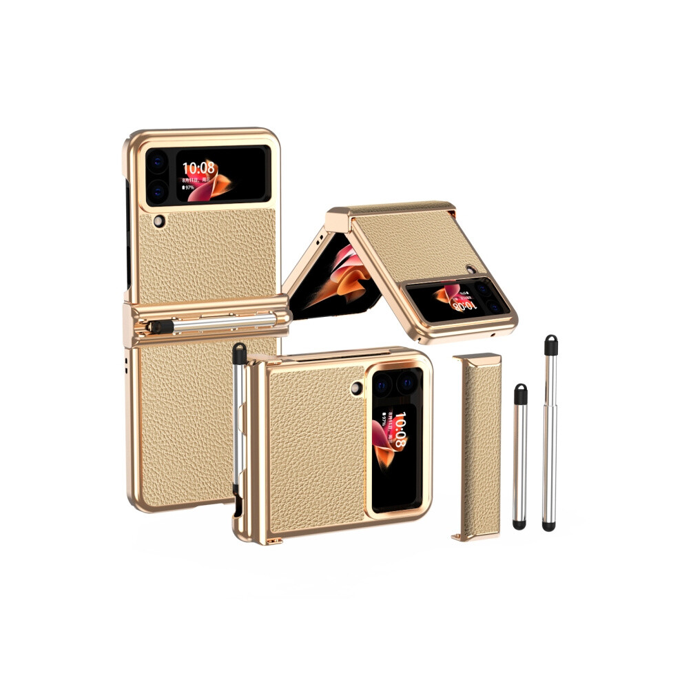 Pebble-Textured Dual-Hinge Electroplated Phone Case Compatible Gift Samsung Galaxy Z Flip4 With Stylus (Gold).:For Samsung Galaxy Z Flip4 Gold 341875392976