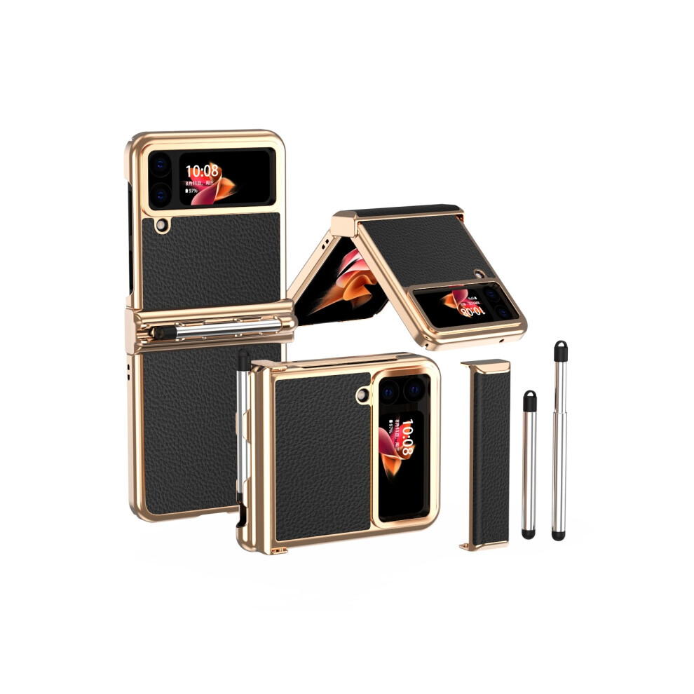 Litchi-Textured Dual-Hinge Electroplated Phone Case Compatible Gift Samsung Galaxy Z Flip4 With Stylus ( And Gold):For Samsung Galaxy Z Flip4 Black 341875392969