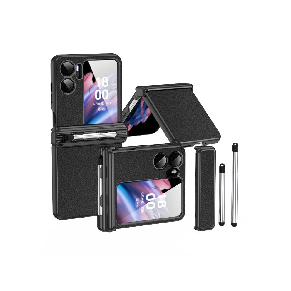 Compatible Gift Oppo Find N2 Flip Litchi Texture Leather Hinged Electroplated Phone Case With Pen(Black):For Oppo Find N2 Flip Black 341875392914