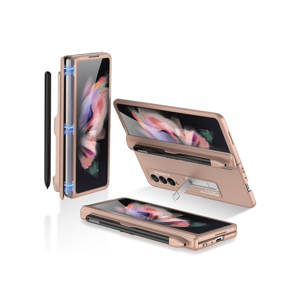 Compatible Gift Samsung Galaxy Z Fold3 5G Gkk Magnetic Full Coverage Phone Flip Case With Pen Slot(Gold): Gold 3053159225920