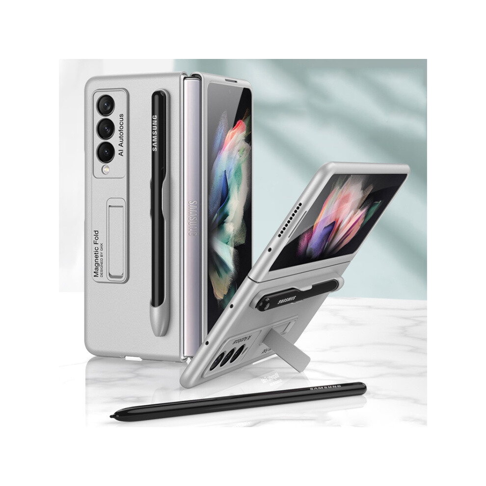Gkk Ultra-Thin Full Coverage Case With Stand & Pen Slot Compatible Gift Samsung Galaxy Z Fold3 5G (Elegant ):Silvery Silver 4984195314226