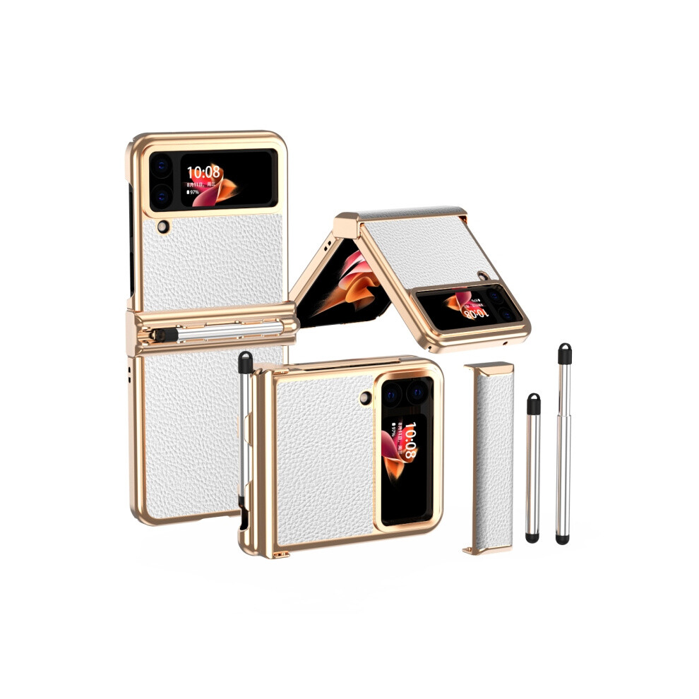Pebble-Textured Dual-Hinge Electroplated Phone Case Compatible Gift Samsung Galaxy Z Flip4 With Stylus ( Gold):For Samsung Galaxy Z Flip4 White 341875392945