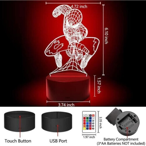 Νυχτερινό φως Spiderman 3D Superhero, νυχτερινό φως USB LED Illusion, 16 χρώματα που αλλάζουν με τ 2