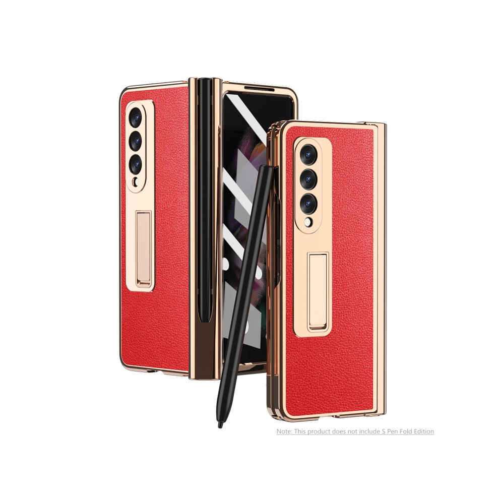 Compatible Gift With Samsung Galaxy Z Fold3, Pebbled Texture, Integrated Electroplated Hinge Phone Case With Pen Slot (Red).:For Samsung Galaxy Z Fol Red 8235414201152
