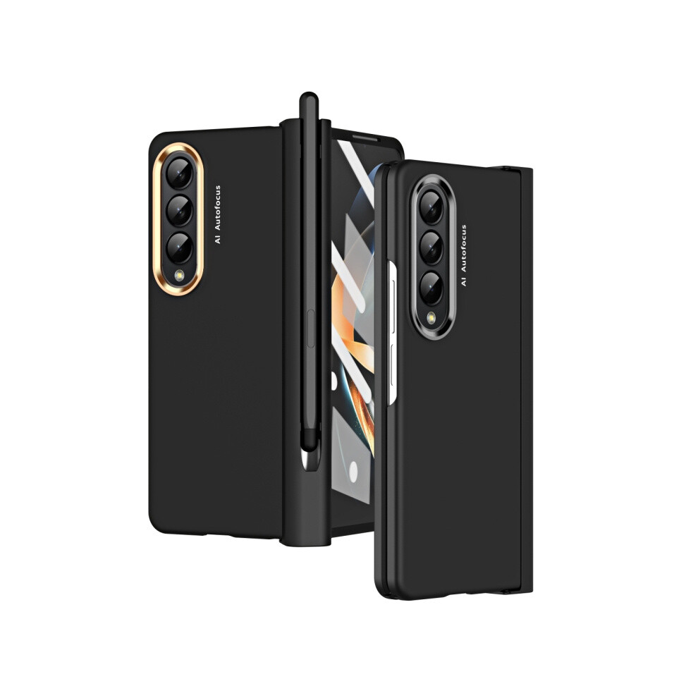 Compatible Gift Samsung Galaxy Z Fold4 Skin Feel Two-Color Contact Lens Hinge Flip Phone Case With Pen Slot(Black): Black 3859058171708