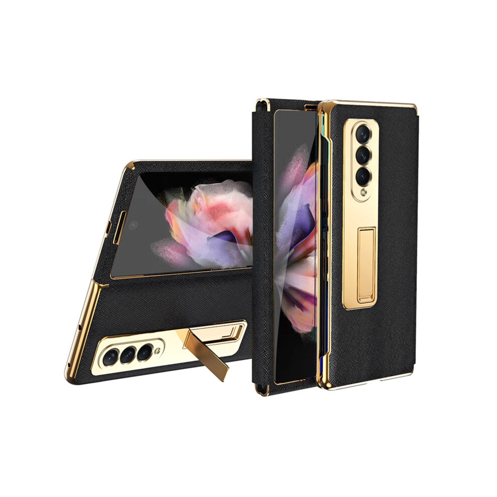 Compatible Gift Samsung Galaxy Z Fold3 5G Cross Texture Integrated Electroplating Hinge Flip Phone Case With Tempered Film(Black):For Samsung Galaxy Black 3859058171487