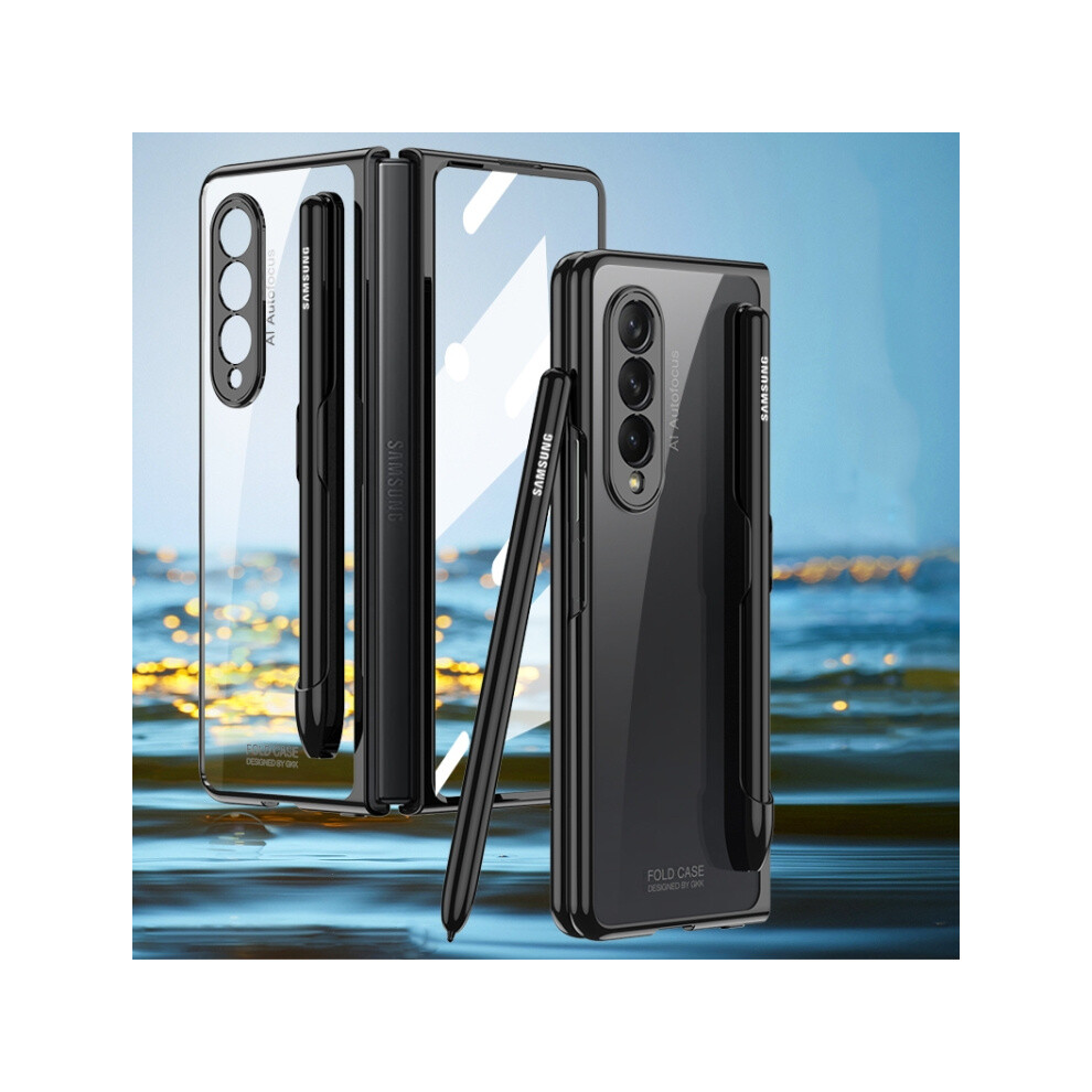 Compatible Gift Samsung Galaxy Z Fold3 5G Gkk Integrated Electroplating + Glass Phone Case With Pen Slot(Black): Black 3053159226125