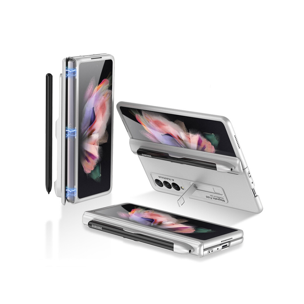 Gkk Magnetic Folding Full Coverage Case With Pen Slot Compatible Gift Samsung Galaxy Z Fold3 5G (Elegant ):Silvery Silver 3053159225951