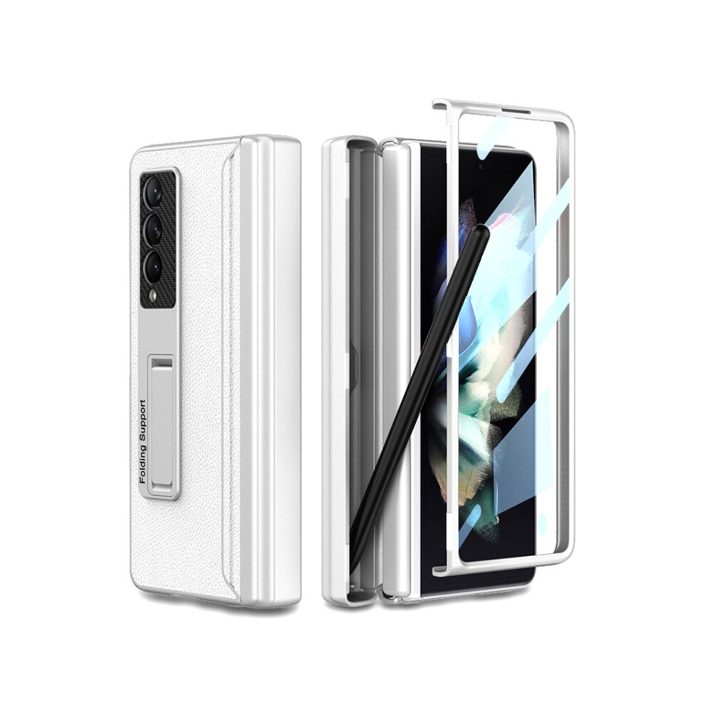 Gkk Magnetic Folding Vegan Leather Full-Coverage Case With Pen Holder Compatible Gift Samsung Galaxy Z Fold3 5G (Elegant ).:Silvery Silver 3859058171579