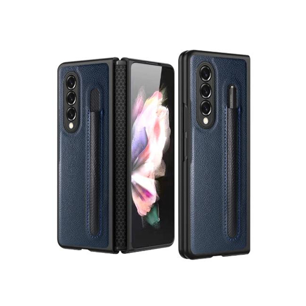 Litchi-Textured Hinge Folding Phone Case Compatible Gift Samsung Galaxy Z Fold4 (Blue): Blue 3053159225890