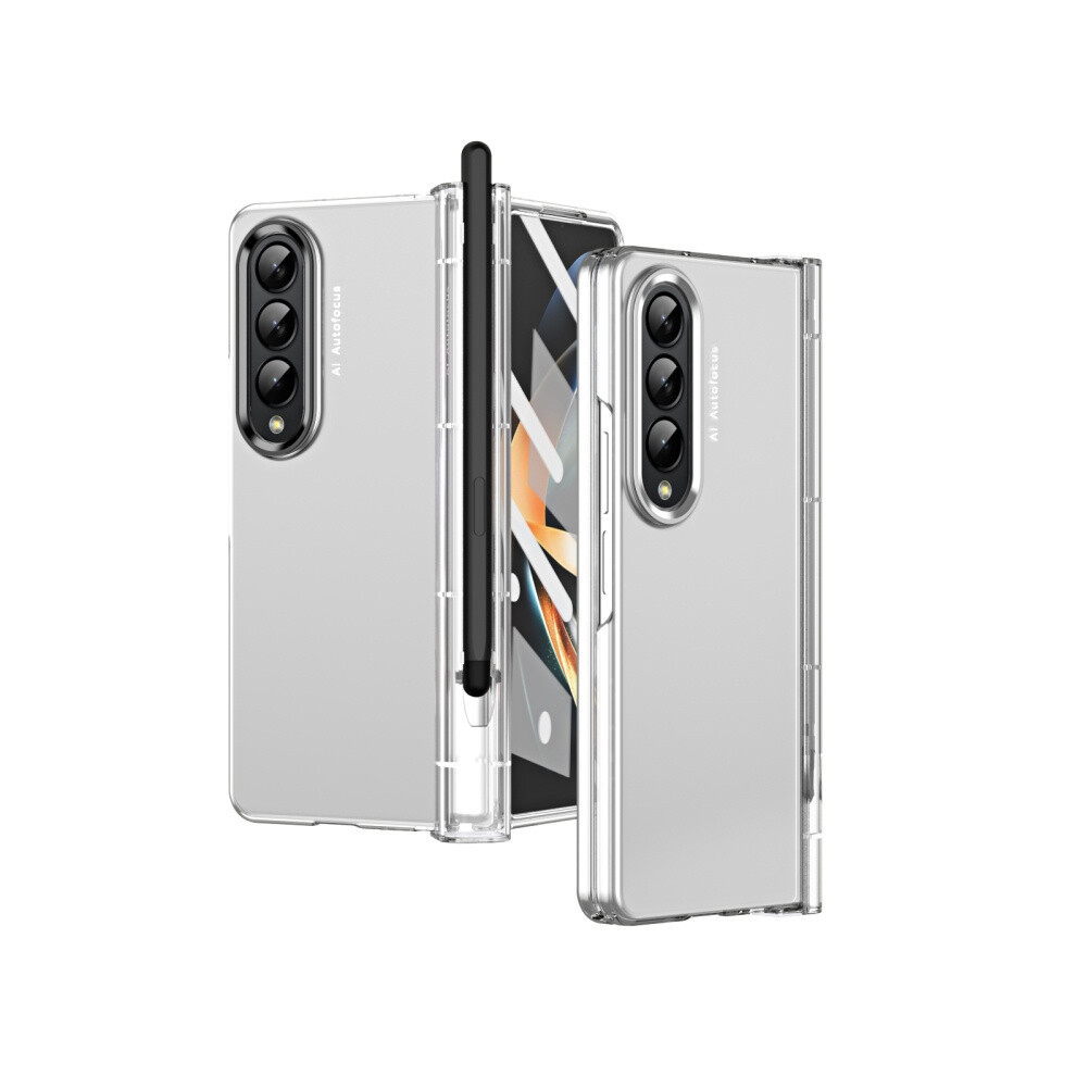 Compatible Gift Samsung Galaxy Z Fold4 Skin-Like Electroplated Two-Tone Contact Lens Hinge Full Coverage Phone Case With Pen Slot (Transparent):Trans 3859058171753