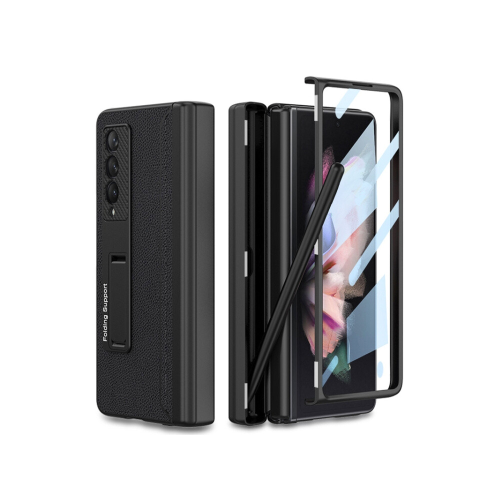 Compatible Gift Samsung Galaxy Z Fold3 5G Gkk Magnetic Hinge Plain Leather Phone Flip Case With Pen Box(Black): Black 3859058171548