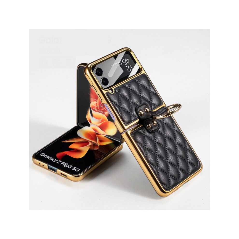 Gkk Integrated Electroplated Leather Ring Case Compatible Gift Samsung Galaxy Z Flip4 (Black):For Samsung Galaxy Z Flip4 Black 4908972320965