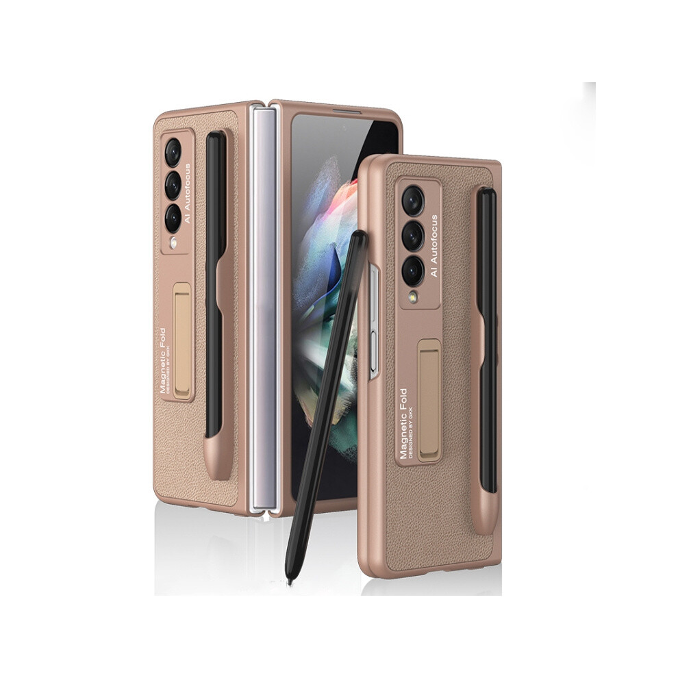 Gkk Ultra-Thin Vegan Leather Full Coverage Case Compatible Gift Samsung Galaxy Z Fold3 5G With Stand & Pen Slot (Mystic ): Bronze/Golden 4112112233989