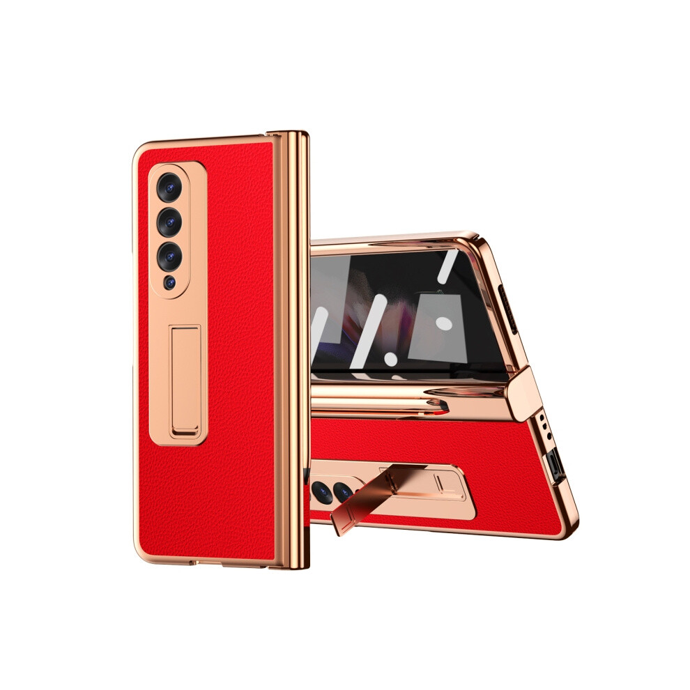Litchi-Textu Leather Hinge Electroplated Phone Case Compatible Gift Samsung Galaxy Z Fold3 5G With Stylus & Screen Protector (Red): Red 7433040368923