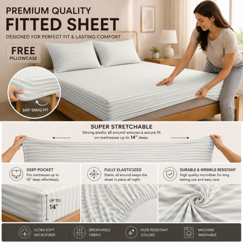 Imperial Rooms (2X Super King, White) 40cm Deep Stripe Fitted Sheet with Free Pillowcases | Extra Deep Stretchable Hotel Quality Fitted Bed Sheets in 2 Pack 1