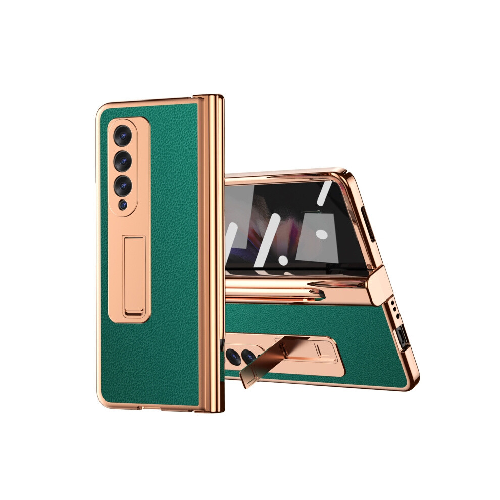 Litchi-Textured Leather Hinge Electroplated Phone Case Compatible Gift Samsung Galaxy Z Fold3 5G With Stylus & Screen Protector (Green): Green 7433040368954