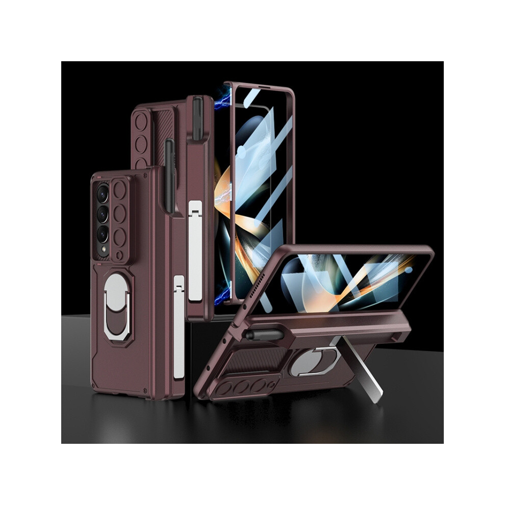 Gkk Integrated Case And Screen Protector Compatible Gift Samsung Galaxy Z Fold4 (Gross ) With Magnetic Folding Armor And Pen Case:burgundy Red 8303483115073