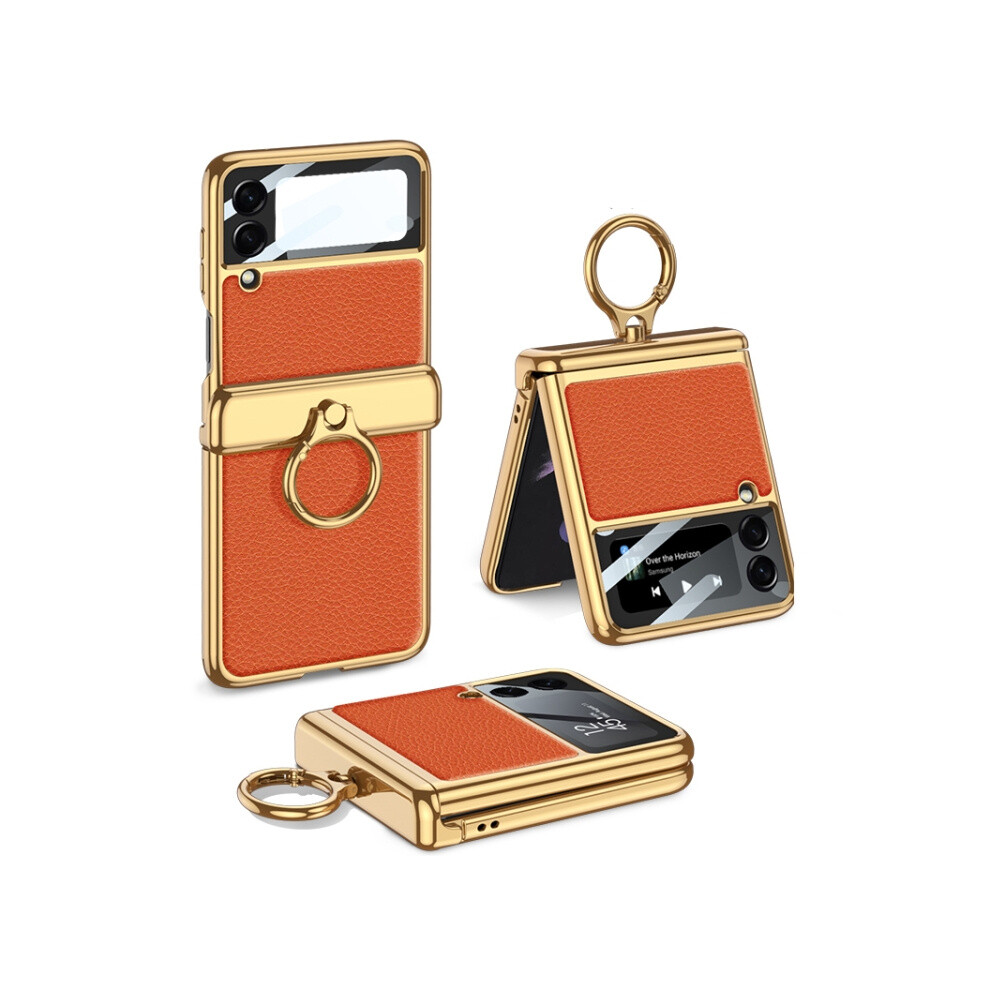 Gkk Integrated Case Compatible Gift Samsung Galaxy Z Flip3 5G, Magnetic Folding Hinge, Electroplated Vegan Leather (Burning ):Burning Orange 4908972320736