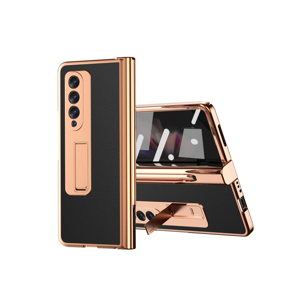 Litchi-Textured Leather Hinge Electroplated Phone Case Compatible Gift Samsung Galaxy Z Fold3 5G With Stylus & Screen Protector (Black): Black 7433040368916