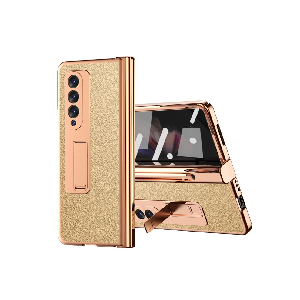 Litchi-Textured Leather Hinge Electroplated Phone Case Compatible Gift Samsung Galaxy Z Fold3 5G With Stylus & Screen Protector ().:En Gold/Golden 7433040368930