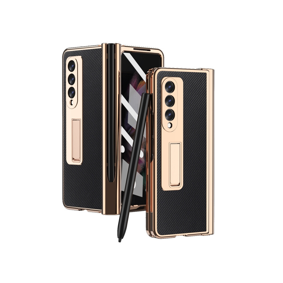 Electroplated Hinge Pen Slot Kevlar Textured Phone Case Compatible Gift Samsung Galaxy Z Fold3 5G (Black): Black 8303483114984