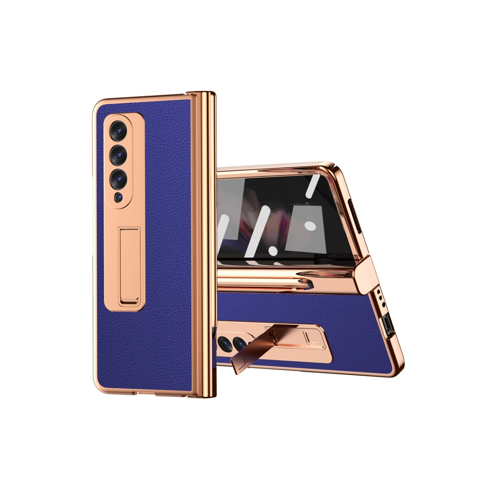 Litchi-Textured Leather Hinge Electroplated Phone Case Compatible Gift Samsung Galaxy Z Fold3 5G With Stylus & Screen Protector (Blue): Blue 7433040368947