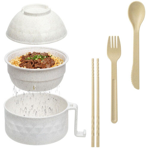 Conjunto de tigelas de ramen 3 em 1 para micro-ondas, 40 oz, bege