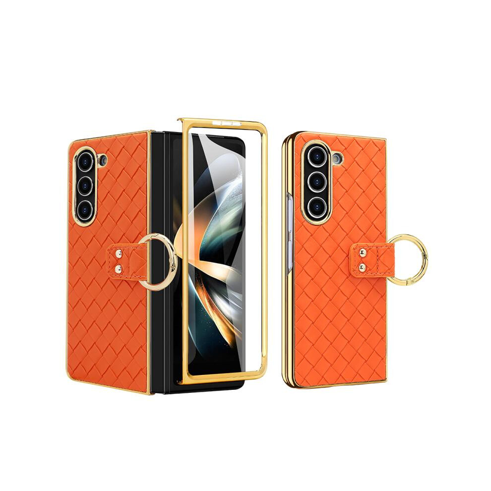 Compatible Gift Samsung Galaxy Z Fold6 Vietao Woven Leather Metal Ring Phone Case(Orange):For Samsung Galaxy Z Fold6 Orange 3581503314537