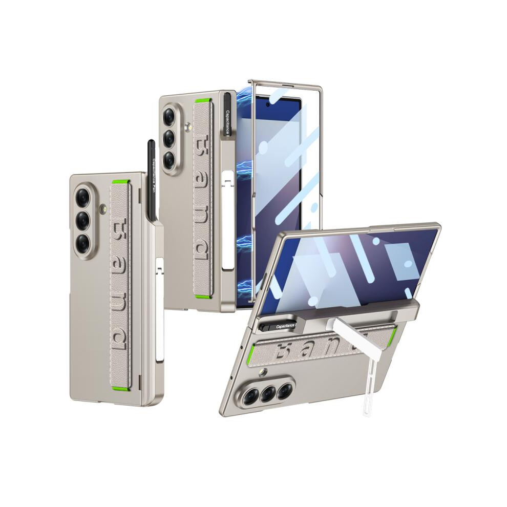 Compatible Gift Samsung Galaxy Z Fold7 5G Gkk Integrated Magnetic Hinge Folding Holder Phone Case With Wrist Strap & Pen Holder(Titanium ):For Sa Grey 5421786257702