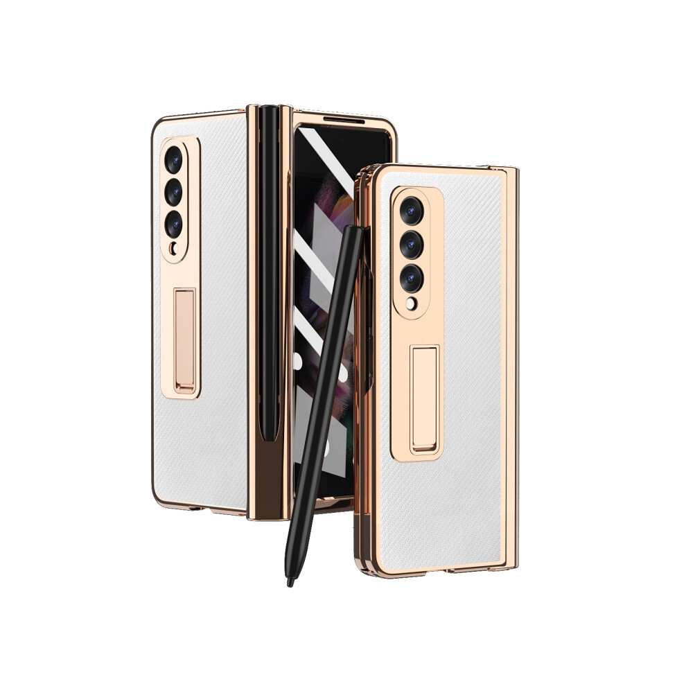 Electroplated Hinge Pen Slot Kevlar Textured Phone Case Compatible Gift Samsung Galaxy Z Fold3 5G (White): White 8303483114960