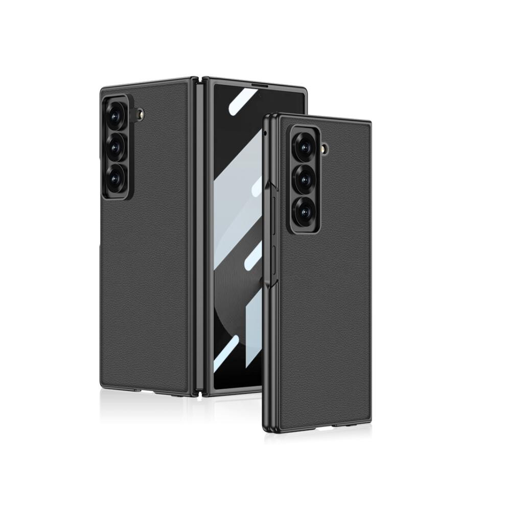 Compatible Gift With Samsung Galaxy Z Fold6 Slim Gkk All-In-One Metallic Paint Skin-Feel Vegan Leather Full-Coverage Phone Case (Black): Black 7056706125106