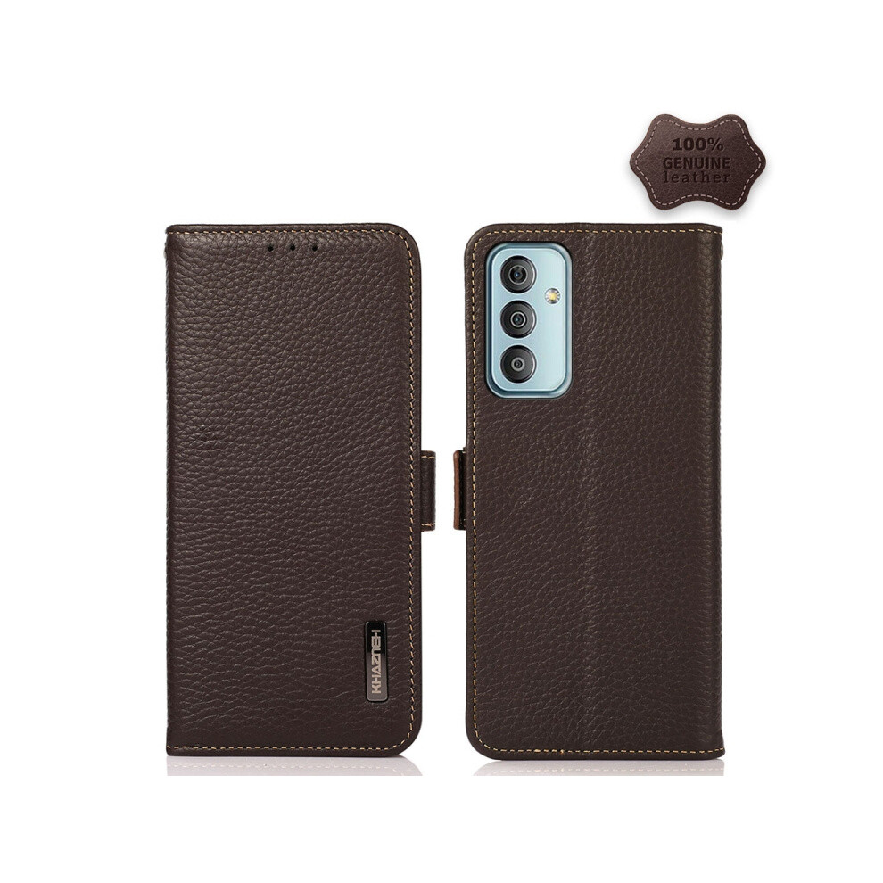 Khazneh Genuine Leather Side-Suction Litchi Texture Rfid Anti-Theft Case Compatible Gift Samsung Galaxy M13 4G (Brown):For Samsung Galaxy M13 4G Brown 4906754169979
